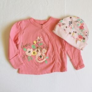 gerber 2-piece floral kimono long sleeve top with mitts & matching hat 3 months
